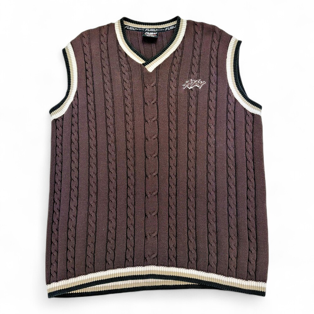 FUBU Cable Knit V-Neck Sweater Vest XL Brown Cream Trim